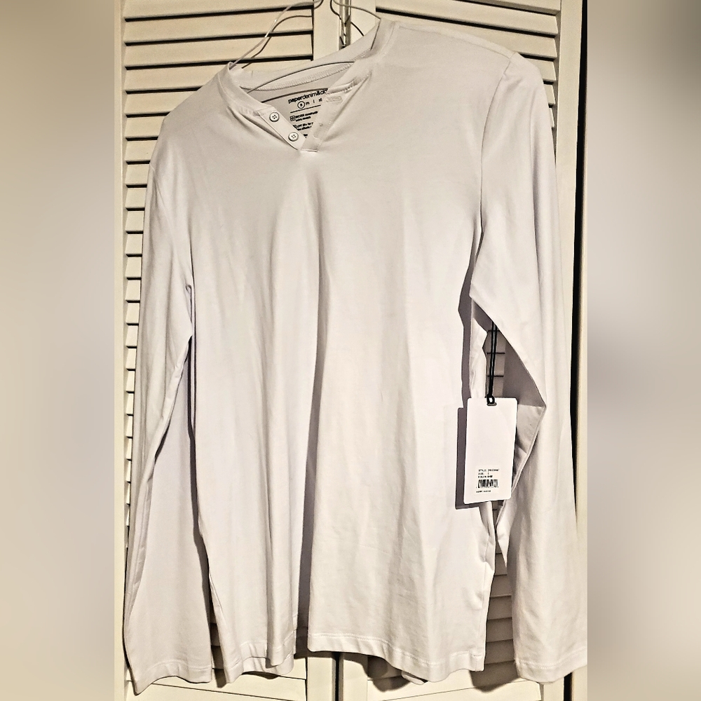 Paper Denim Cloth Henley Mens Small White Cotton Long Sleeve Split Hem Tee Shirt